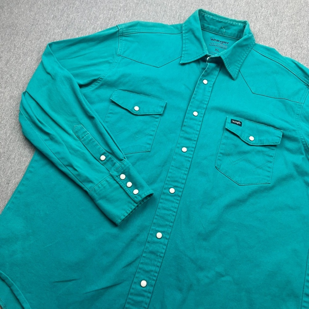Wrangler Advanced Comfort Pearl Snap Button Up Long Sleeve Shirt Mens XL Green